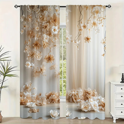 2pcs White Rose Pattern Curtains – Suitable for Bedroom Kitchen Living Room or Study with Rod Pocket Design