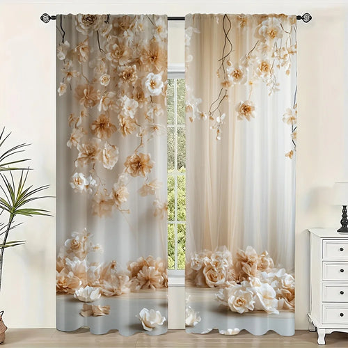 2pcs White Rose Pattern Curtains – Suitable for Bedroom Kitchen Living Room or Study with Rod Pocket Design