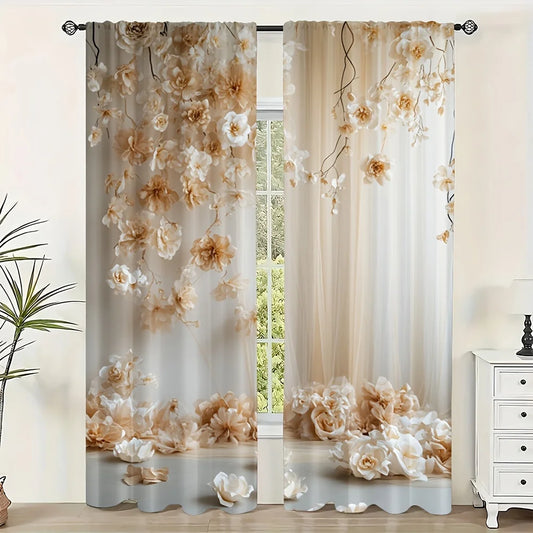 2pcs White Rose Pattern Curtains – Suitable for Bedroom Kitchen Living Room or Study with Rod Pocket Design