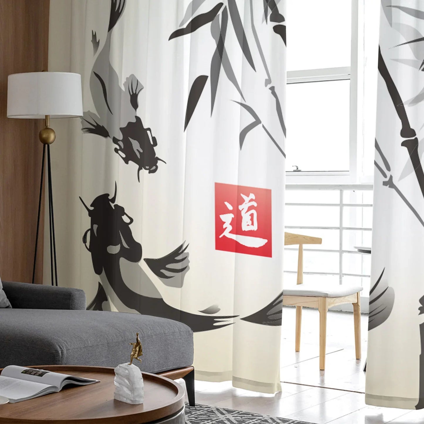 Bamboo Carp Chinese Style Toyo Tulle Curtains for Living Room Bedroom Sheer Voile Drapes Modern Printed Design Sheer Curtains