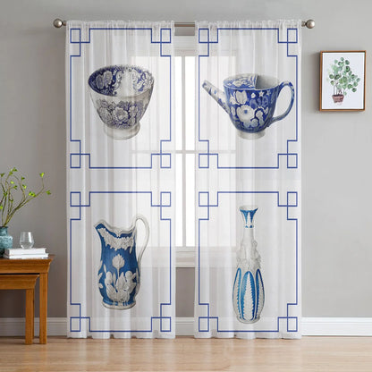 Bamboo Carp Chinese Style Toyo Tulle Curtains for Living Room Bedroom Sheer Voile Drapes Modern Printed Design Sheer Curtains