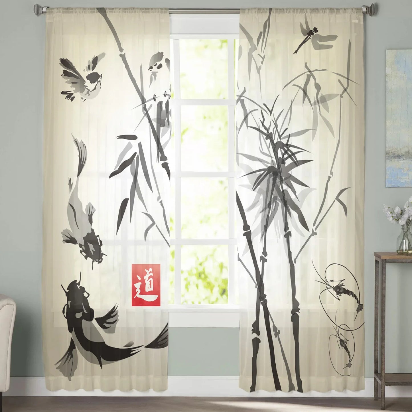 Bamboo Carp Chinese Style Toyo Tulle Curtains for Living Room Bedroom Sheer Voile Drapes Modern Printed Design Sheer Curtains