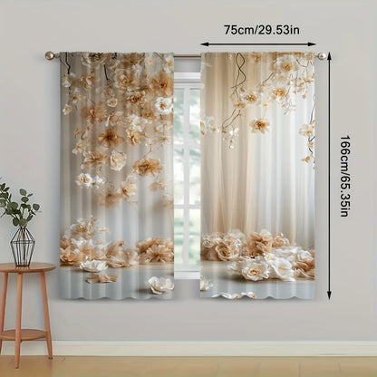 2pcs White Rose Pattern Curtains – Suitable for Bedroom Kitchen Living Room or Study with Rod Pocket Design