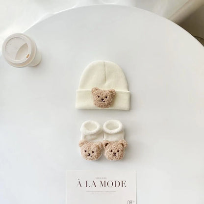 2PCS/Set Cartoon Baby Hat Socks Cute Animal Doll Boy Girl Winter Knitted Pullover Hats Woolen Warm Newborn Short Socks Beanies