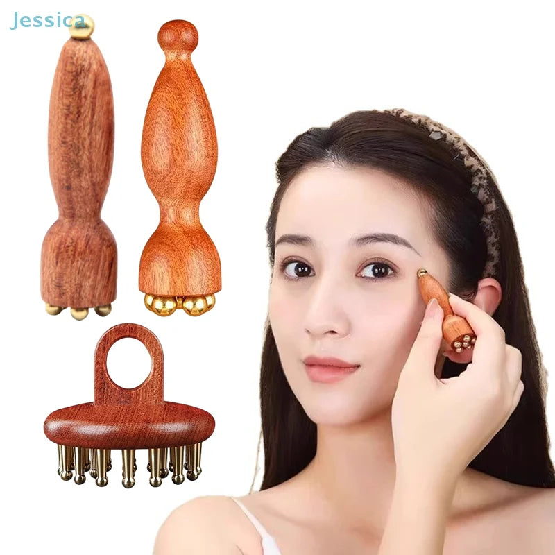 ♥Brass Bead Lotus Pod Rosewood Handle Facial Gua Sha Tool Eye Relaxation Spot Meridians Acupoint Massage