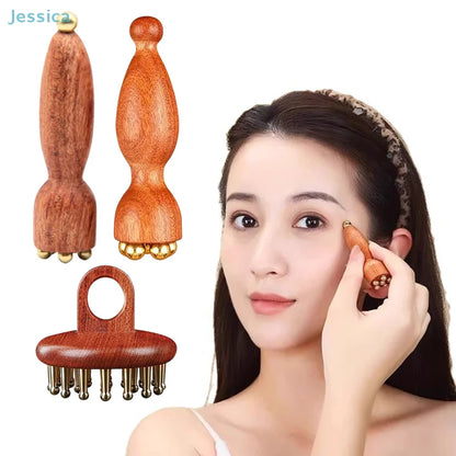 ♥Brass Bead Lotus Pod Rosewood Handle Facial Gua Sha Tool Eye Relaxation Spot Meridians Acupoint Massage