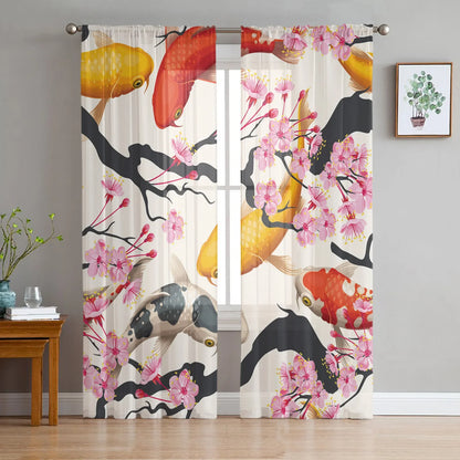 Bamboo Carp Chinese Style Toyo Tulle Curtains for Living Room Bedroom Sheer Voile Drapes Modern Printed Design Sheer Curtains