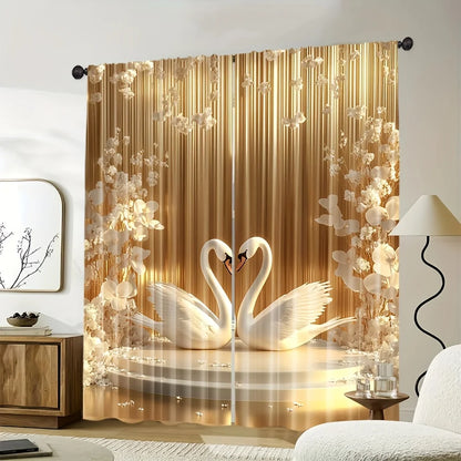 2 Pcs Art Renaissance Style Gold Floral & Swan Curtains – Polyester for Elegant Bedroom & Living Room Decor