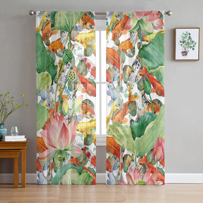 Bamboo Carp Chinese Style Toyo Tulle Curtains for Living Room Bedroom Sheer Voile Drapes Modern Printed Design Sheer Curtains