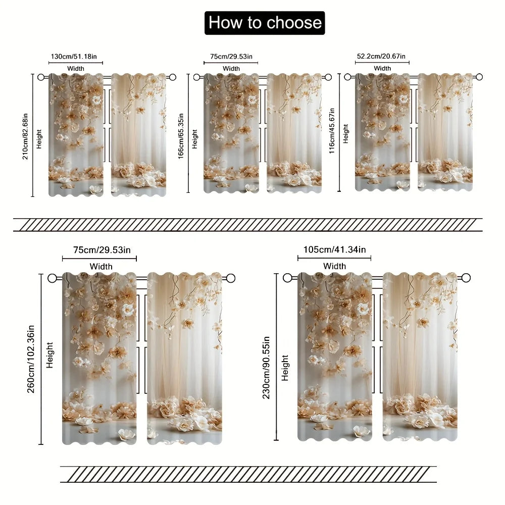 2pcs White Rose Pattern Curtains – Suitable for Bedroom Kitchen Living Room or Study with Rod Pocket Design