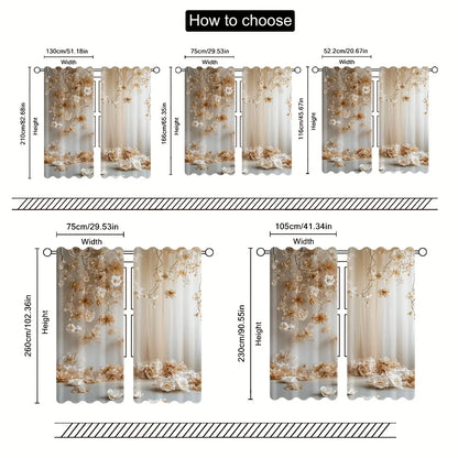 2pcs White Rose Pattern Curtains – Suitable for Bedroom Kitchen Living Room or Study with Rod Pocket Design