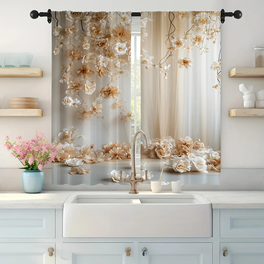 2pcs White Rose Pattern Curtains – Suitable for Bedroom Kitchen Living Room or Study with Rod Pocket Design