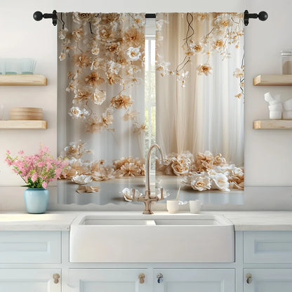 2pcs White Rose Pattern Curtains – Suitable for Bedroom Kitchen Living Room or Study with Rod Pocket Design