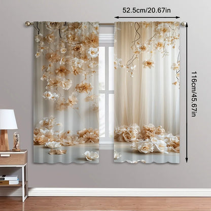 2pcs White Rose Pattern Curtains – Suitable for Bedroom Kitchen Living Room or Study with Rod Pocket Design