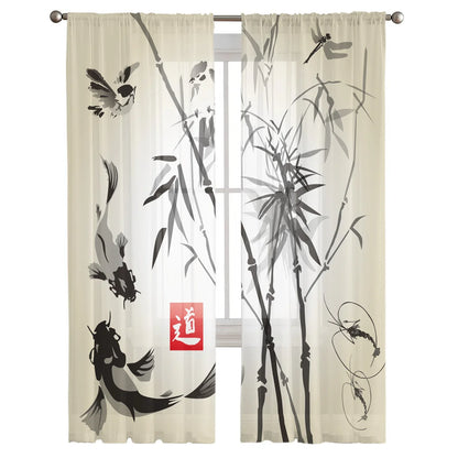 Bamboo Carp Chinese Style Toyo Tulle Curtains for Living Room Bedroom Sheer Voile Drapes Modern Printed Design Sheer Curtains