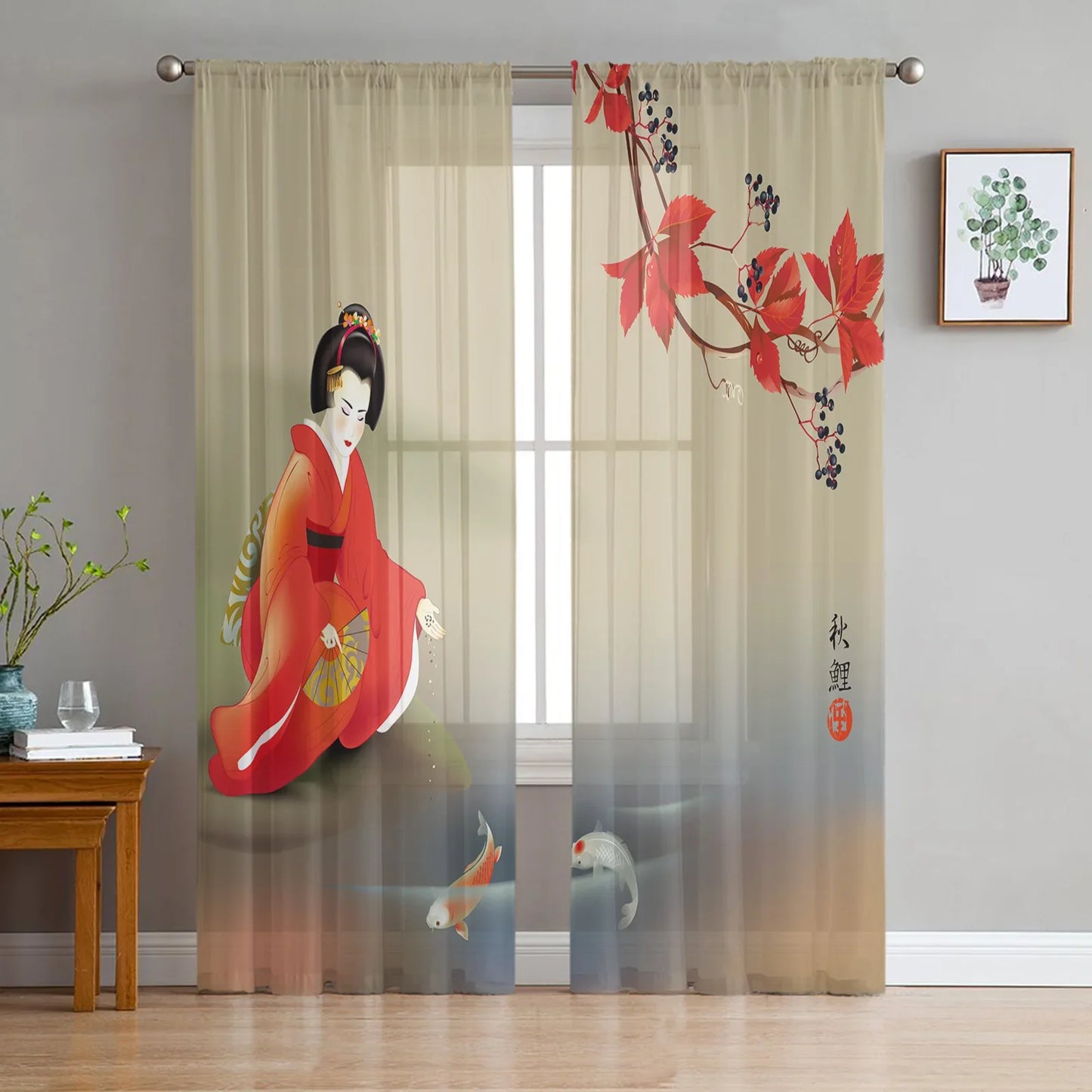 Bamboo Carp Chinese Style Toyo Tulle Curtains for Living Room Bedroom Sheer Voile Drapes Modern Printed Design Sheer Curtains