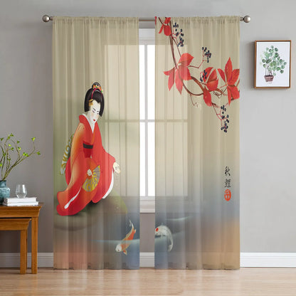 Bamboo Carp Chinese Style Toyo Tulle Curtains for Living Room Bedroom Sheer Voile Drapes Modern Printed Design Sheer Curtains