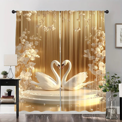 2 Pcs Art Renaissance Style Gold Floral & Swan Curtains – Polyester for Elegant Bedroom & Living Room Decor