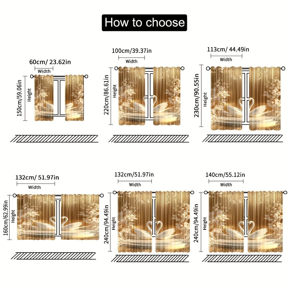 2 Pcs Art Renaissance Style Gold Floral & Swan Curtains – Polyester for Elegant Bedroom & Living Room Decor