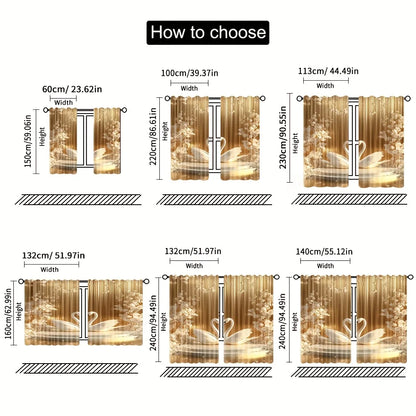 2 Pcs Art Renaissance Style Gold Floral & Swan Curtains – Polyester for Elegant Bedroom & Living Room Decor