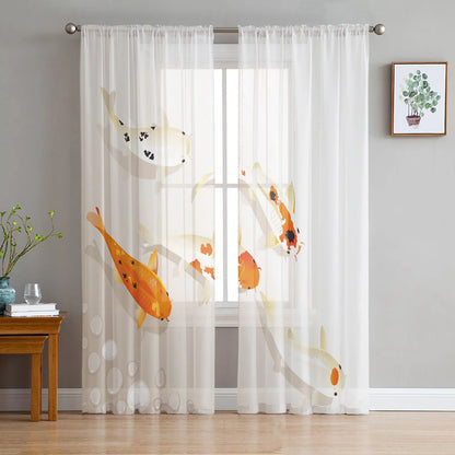 Bamboo Carp Chinese Style Toyo Tulle Curtains for Living Room Bedroom Sheer Voile Drapes Modern Printed Design Sheer Curtains