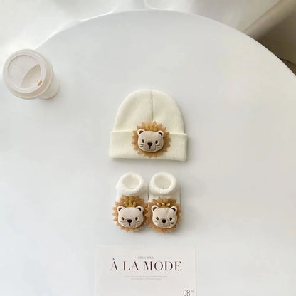 2PCS/Set Cartoon Baby Hat Socks Cute Animal Doll Boy Girl Winter Knitted Pullover Hats Woolen Warm Newborn Short Socks Beanies