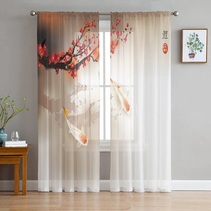 Bamboo Carp Chinese Style Toyo Tulle Curtains for Living Room Bedroom Sheer Voile Drapes Modern Printed Design Sheer Curtains