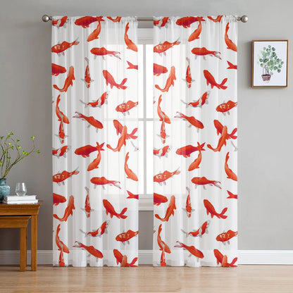 Bamboo Carp Chinese Style Toyo Tulle Curtains for Living Room Bedroom Sheer Voile Drapes Modern Printed Design Sheer Curtains